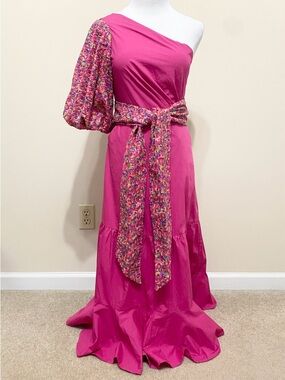Queen Of Sparkles One Shoulder Maxi Dress Pink Rainbow Sequins